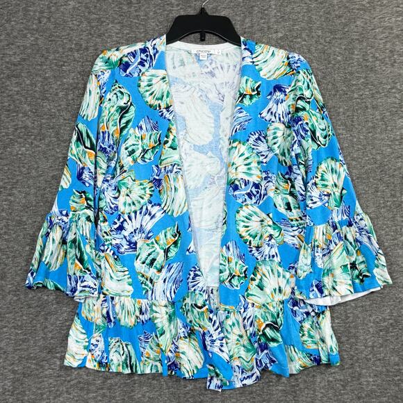 Chicos Size 1 Cardigan Large Open Blue White Sea Shells Linen Blend Tropical - Picture 1 of 6